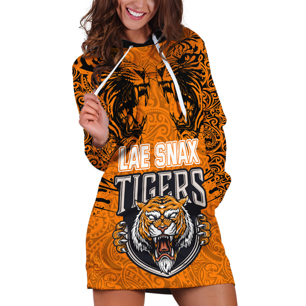 Custom PNG Lae Snax Tigers Rugby Hoodie Dress The Tigers Head and PNG Bird Polynesian Tattoo LT03 Orange - Polynesian Pride