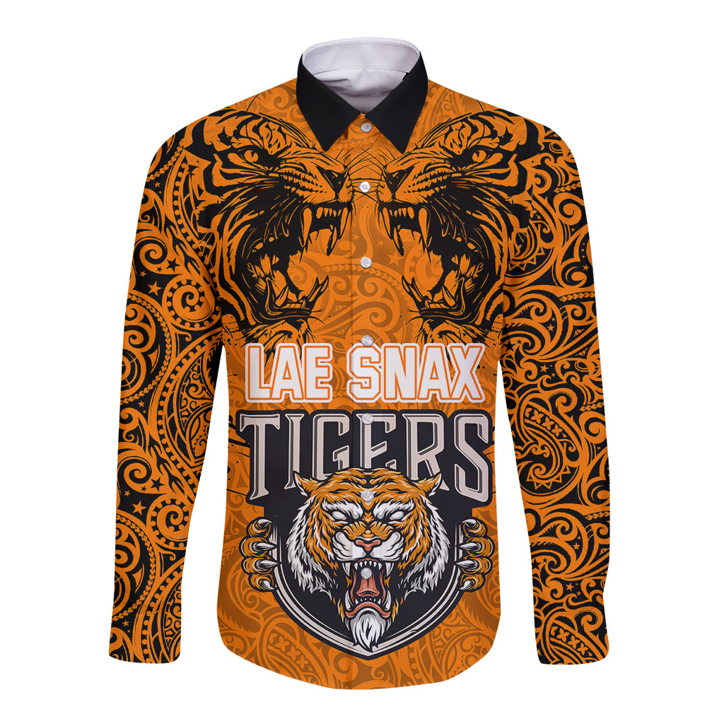 Custom PNG Lae Snax Tigers Rugby Long Sleeve Button Shirt The Tigers Head and PNG Bird Polynesian Tattoo LT03 Unisex Orange - Polynesian Pride