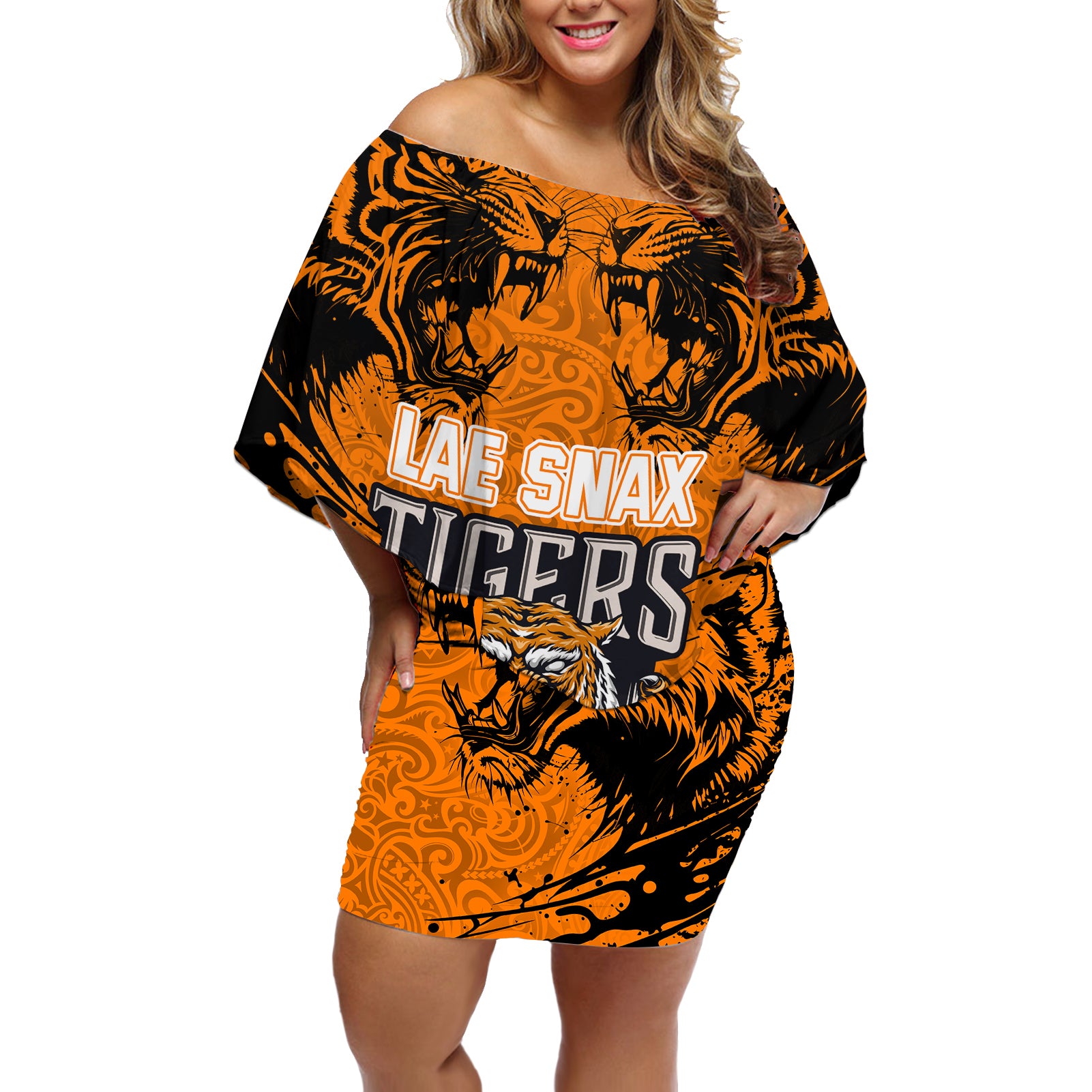 Custom PNG Lae Snax Tigers Rugby Off Shoulder Short Dress The Tigers Head and PNG Bird Polynesian Tattoo LT03 Women Orange - Polynesian Pride