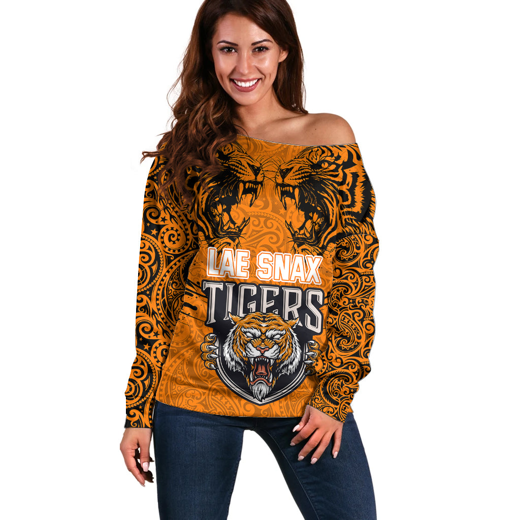 Custom PNG Lae Snax Tigers Rugby Off Shoulder Sweater The Tigers Head and PNG Bird Polynesian Tattoo LT03 Women Orange - Polynesian Pride