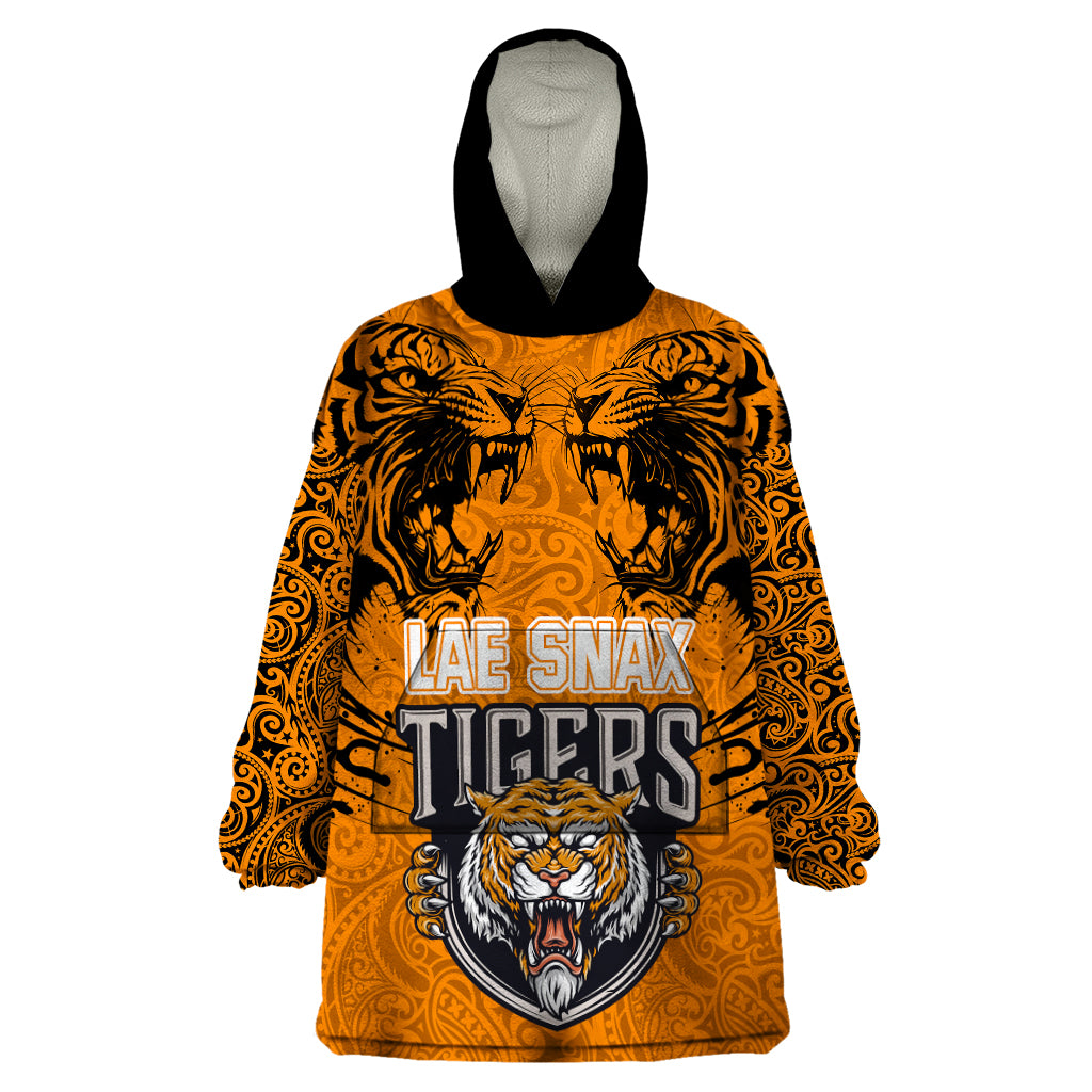 Custom PNG Lae Snax Tigers Rugby Wearable Blanket Hoodie The Tigers Head and PNG Bird Polynesian Tattoo LT03 One Size Orange - Polynesian Pride