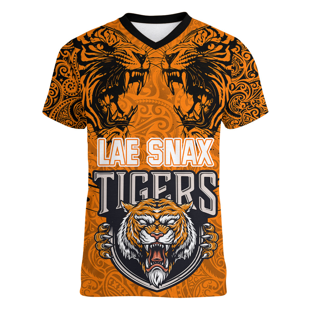 Custom PNG Lae Snax Tigers Rugby Women V Neck T Shirt The Tigers Head and PNG Bird Polynesian Tattoo LT03 Female Orange - Polynesian Pride