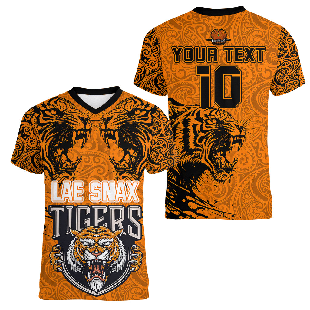 Custom PNG Lae Snax Tigers Rugby Women V Neck T Shirt The Tigers Head and PNG Bird Polynesian Tattoo LT03 - Polynesian Pride