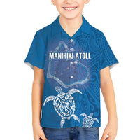 Cook Islands Manihiki Atoll Family Matching Off Shoulder Maxi Dress and Hawaiian Shirt Maori Turtle and Polynesian Pattern LT03 Son's Shirt Blue - Polynesian Pride
