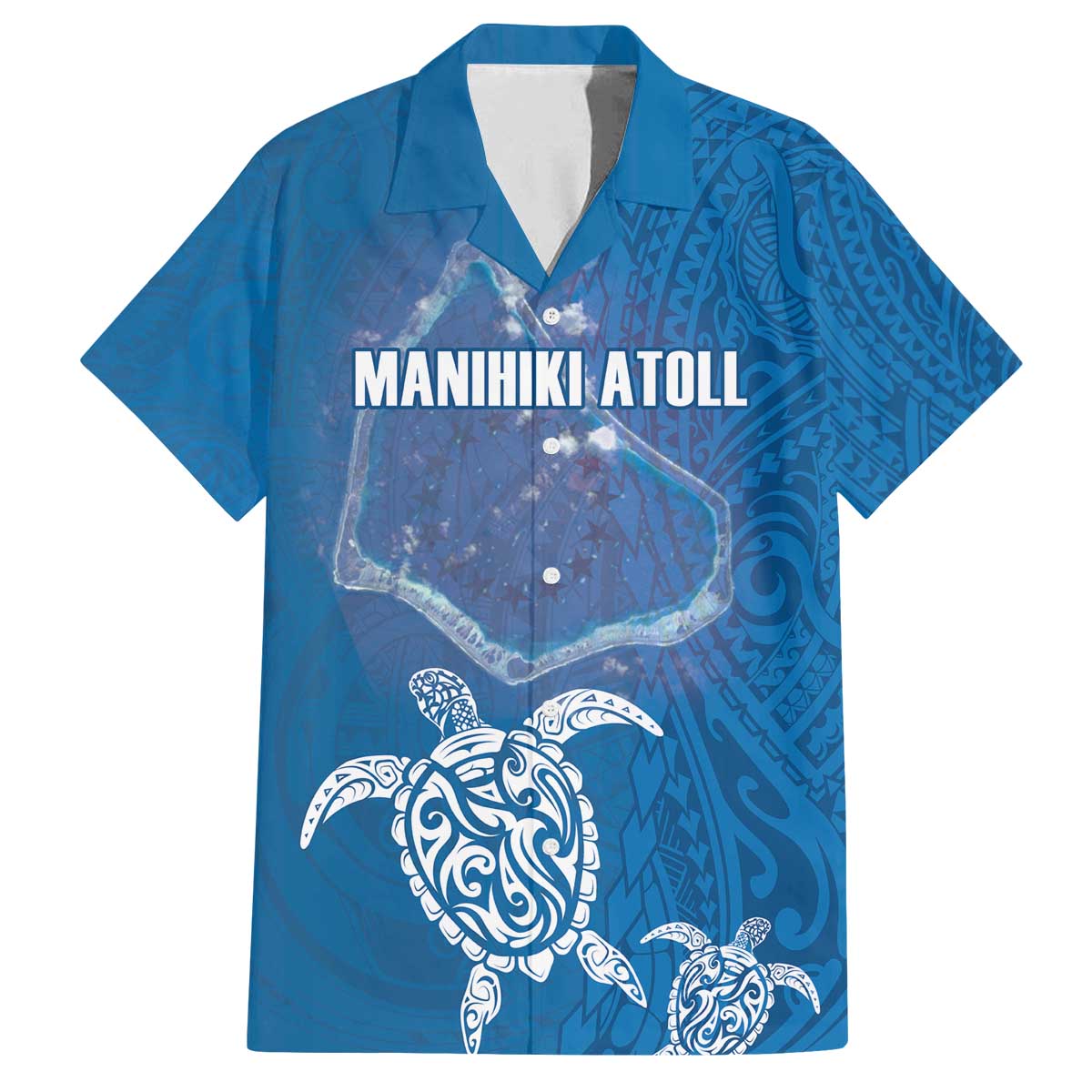Cook Islands Manihiki Atoll Family Matching Off Shoulder Short Dress and Hawaiian Shirt Maori Turtle and Polynesian Pattern LT03 Dad's Shirt - Short Sleeve Blue - Polynesian Pride