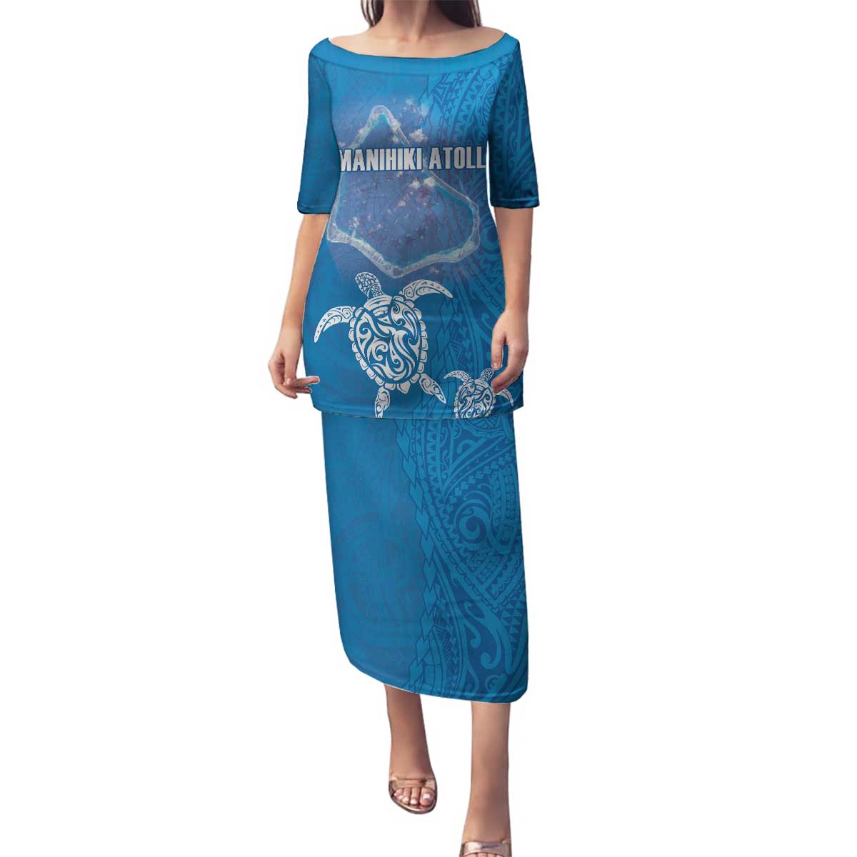 Cook Islands Manihiki Atoll Family Matching Puletasi and Hawaiian Shirt Maori Turtle and Polynesian Pattern LT03 Mom's Dress Blue - Polynesian Pride