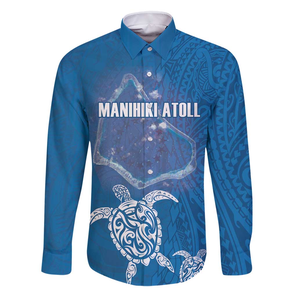 Cook Islands Manihiki Atoll Family Matching Summer Maxi Dress and Hawaiian Shirt Maori Turtle and Polynesian Pattern LT03 Dad's Shirt - Long Sleeve Blue - Polynesian Pride