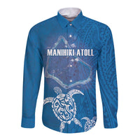 Cook Islands Manihiki Atoll Long Sleeve Button Shirt Maori Turtle and Polynesian Pattern LT03 Unisex Blue - Polynesian Pride