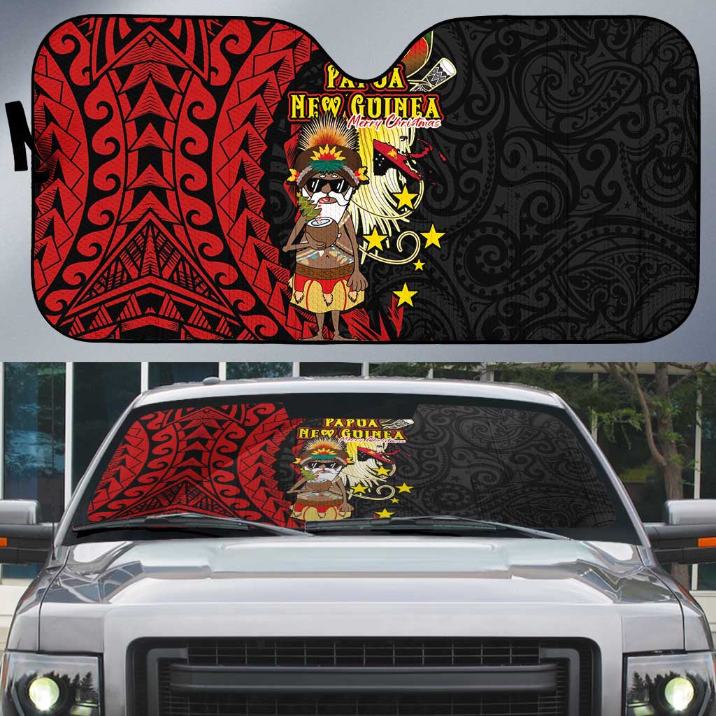 Papua New Guinea Christmas Auto Sun Shade Funny Melanesian Santa with Bird-of-paradise Tribal Style - Polynesian Pride