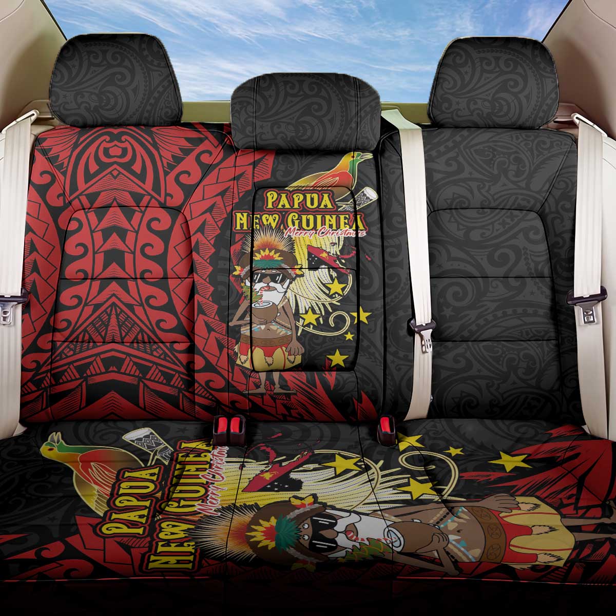 Papua New Guinea Christmas Back Car Seat Cover Funny Melanesian Santa with Bird-of-paradise Tribal Style LT03 One Size Black - Polynesian Pride