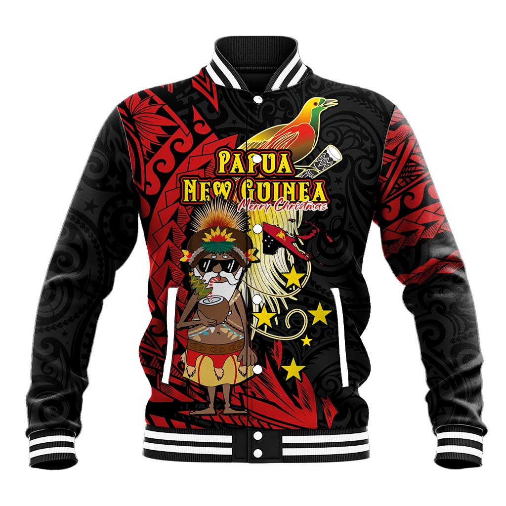 Papua New Guinea Christmas Baseball Jacket Funny Melanesian Santa with Bird-of-paradise Tribal Style - Polynesian Pride