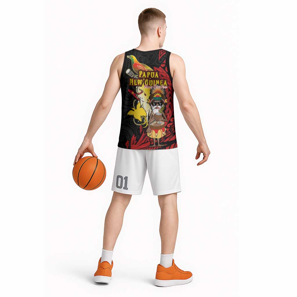 Papua New Guinea Christmas Basketball Jersey Funny Melanesian Santa with Bird-of-paradise Tribal Style - Polynesian Pride