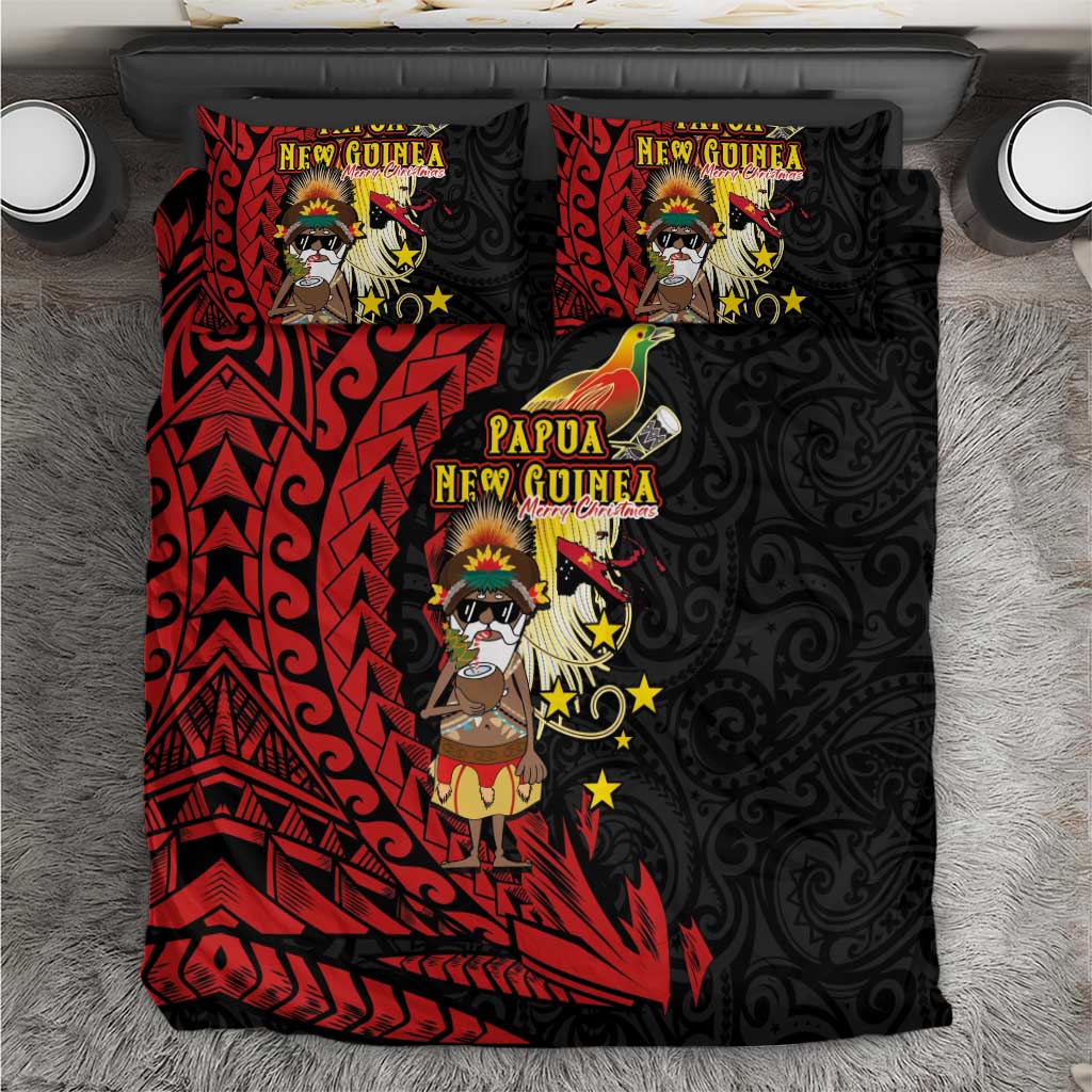 Papua New Guinea Christmas Bedding Set Funny Melanesian Santa with Bird-of-paradise Tribal Style - Polynesian Pride