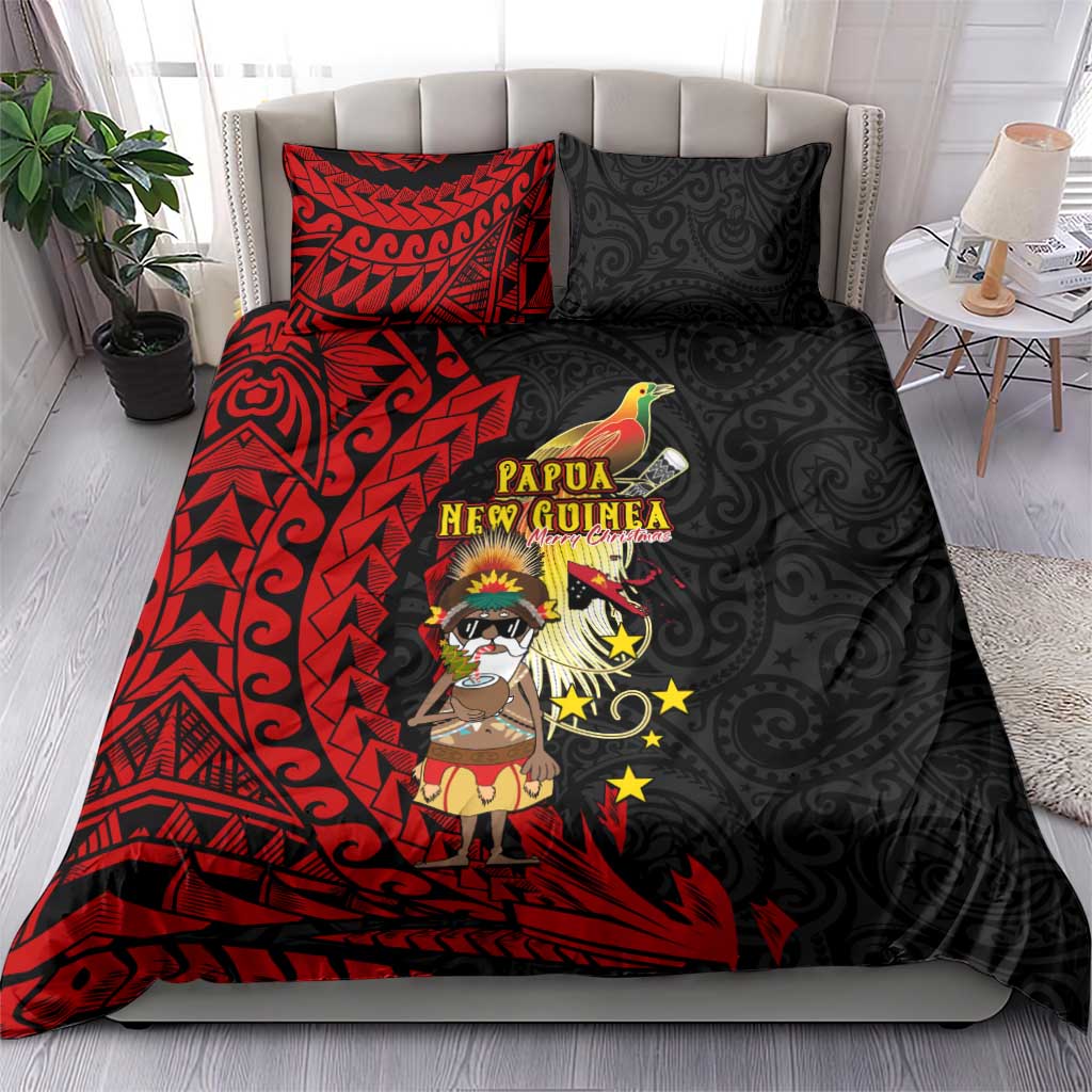 Papua New Guinea Christmas Bedding Set Funny Melanesian Santa with Bird-of-paradise Tribal Style - Polynesian Pride