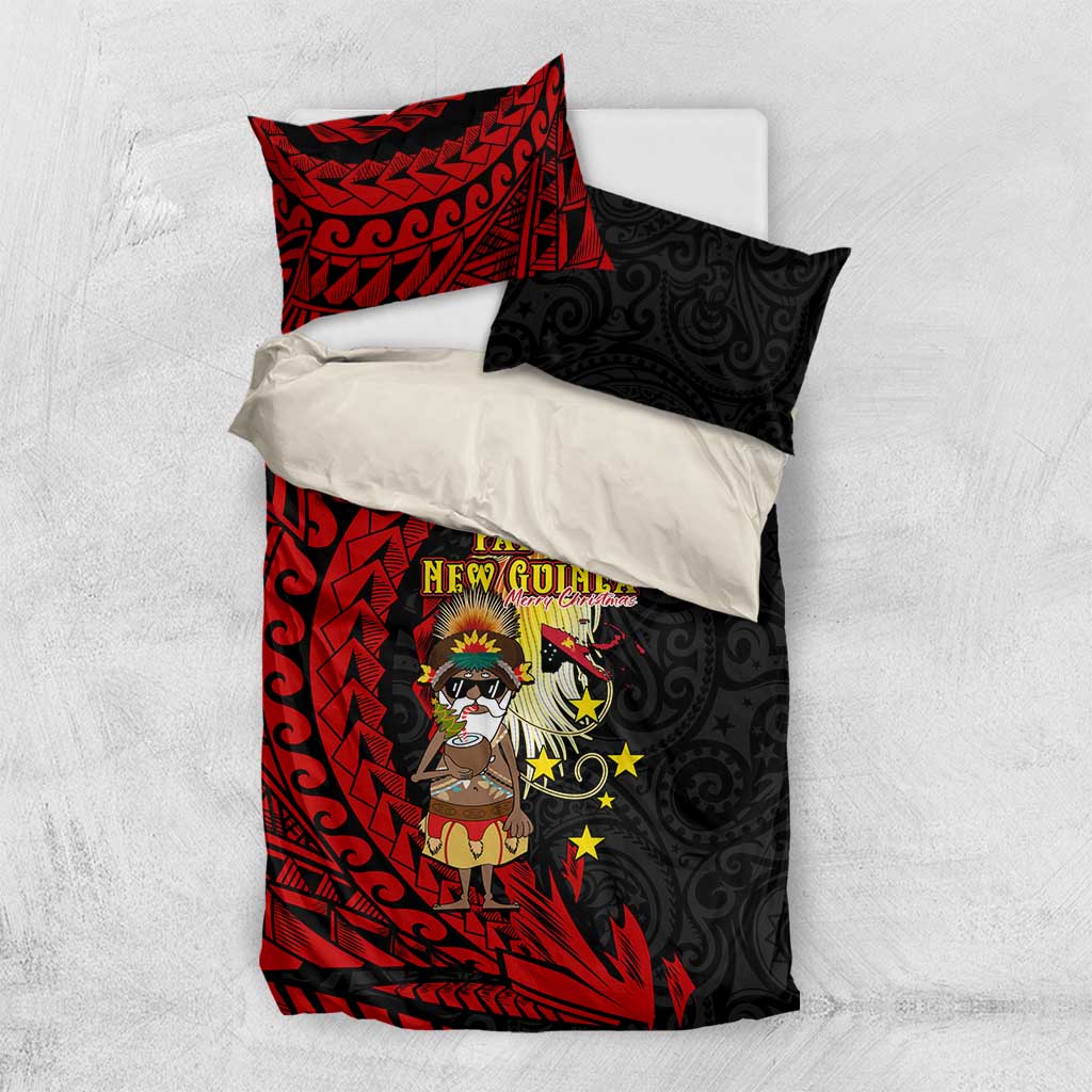 Papua New Guinea Christmas Bedding Set Funny Melanesian Santa with Bird-of-paradise Tribal Style - Polynesian Pride