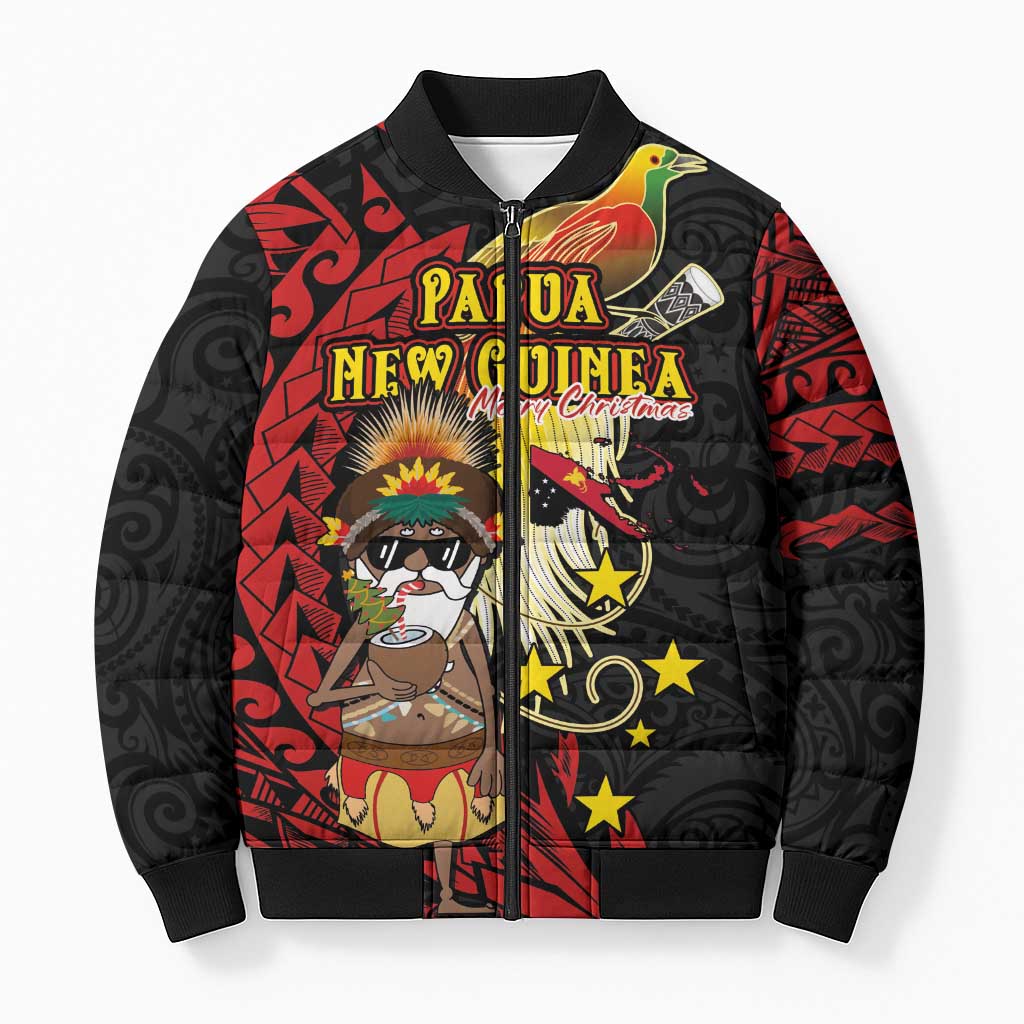 Papua New Guinea Christmas Bomber Puffer Jacket Funny Melanesian Santa with Bird-of-paradise Tribal Style - Polynesian Pride