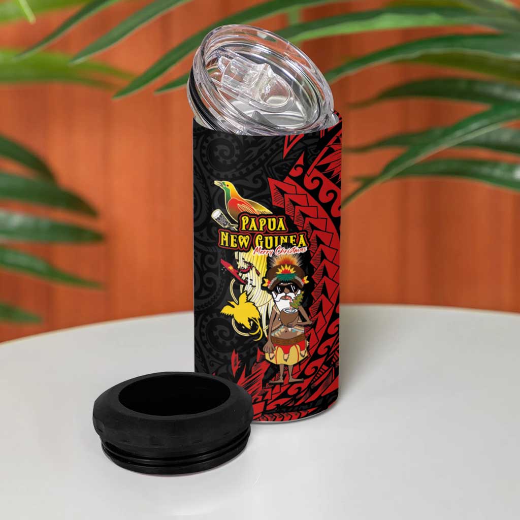 Papua New Guinea Christmas 4 in 1 Can Cooler Tumbler Funny Melanesian Santa with Bird-of-paradise Tribal Style - Polynesian Pride