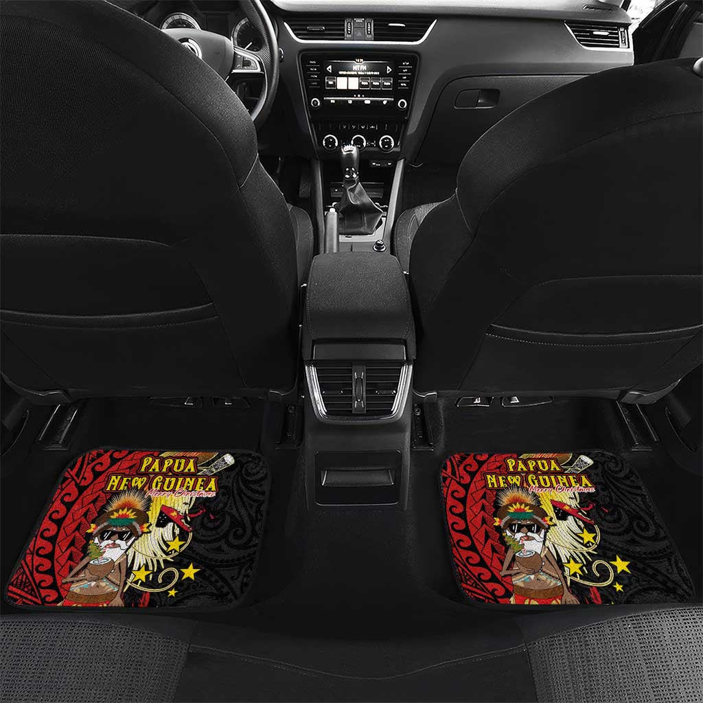 Papua New Guinea Christmas Car Mats Funny Melanesian Santa with Bird-of-paradise Tribal Style LT03 Set 2pcs - Back Black - Polynesian Pride