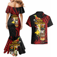 Papua New Guinea Christmas Couples Matching Mermaid Dress and Hawaiian Shirt Funny Melanesian Santa with Bird-of-paradise Tribal Style - Polynesian Pride