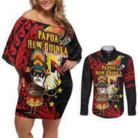 Papua New Guinea Christmas Couples Matching Off Shoulder Short Dress and Long Sleeve Button Shirt Funny Melanesian Santa with Bird-of-paradise Tribal Style LT03 Black - Polynesian Pride
