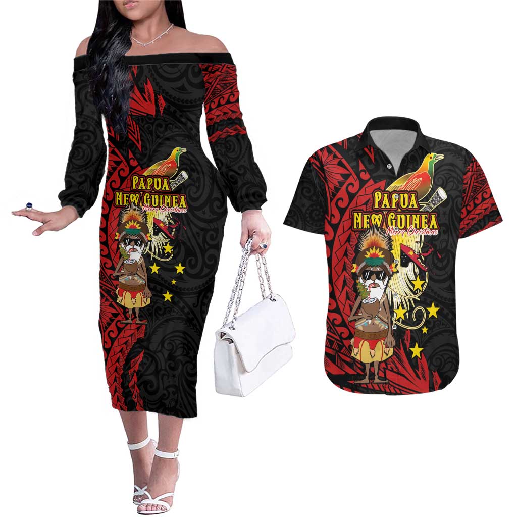 Papua New Guinea Christmas Couples Matching Off The Shoulder Long Sleeve Dress and Hawaiian Shirt Funny Melanesian Santa with Bird-of-paradise Tribal Style - Polynesian Pride
