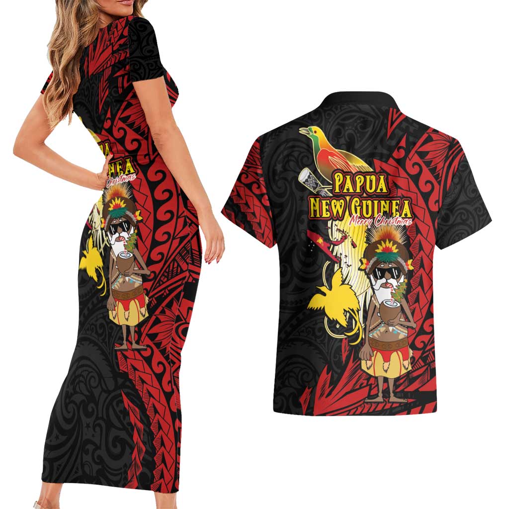 Papua New Guinea Christmas Couples Matching Short Sleeve Bodycon Dress and Hawaiian Shirt Funny Melanesian Santa with Bird-of-paradise Tribal Style - Polynesian Pride