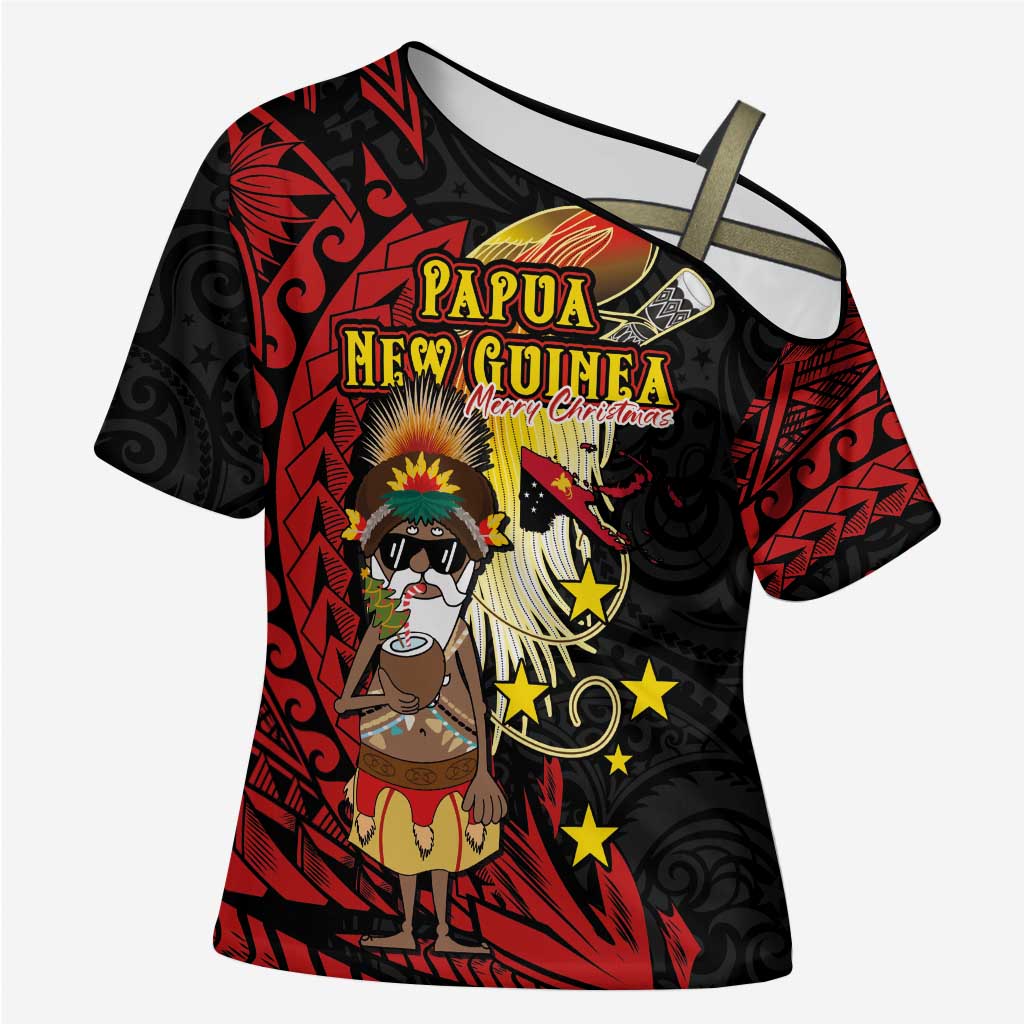 Papua New Guinea Christmas Cross Shoulder Shirt Funny Melanesian Santa with Bird-of-paradise Tribal Style - Polynesian Pride