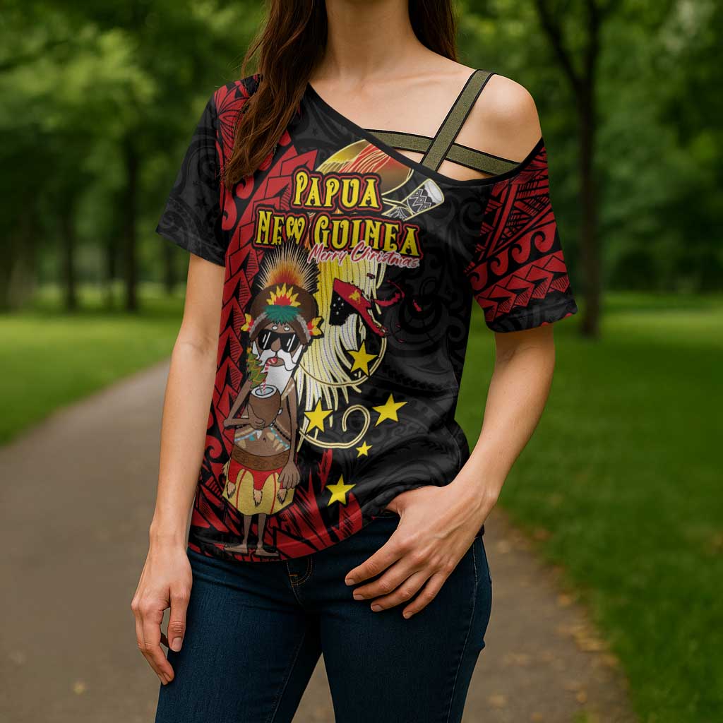 Papua New Guinea Christmas Cross Shoulder Shirt Funny Melanesian Santa with Bird-of-paradise Tribal Style - Polynesian Pride