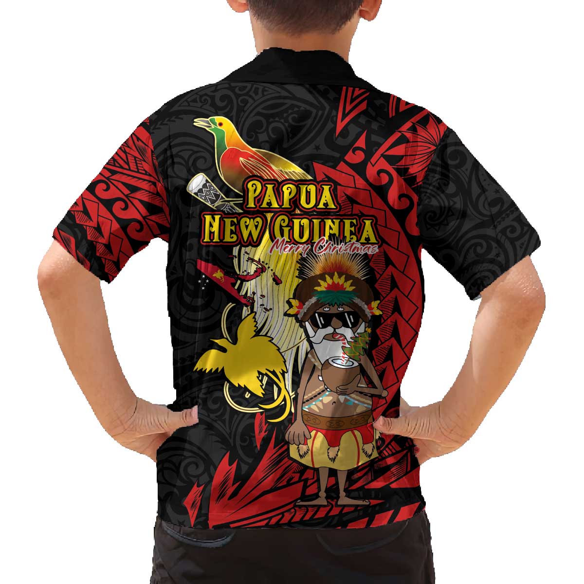 Papua New Guinea Christmas Family Matching Off The Shoulder Long Sleeve Dress and Hawaiian Shirt Funny Melanesian Santa with Bird-of-paradise Tribal Style - Polynesian Pride