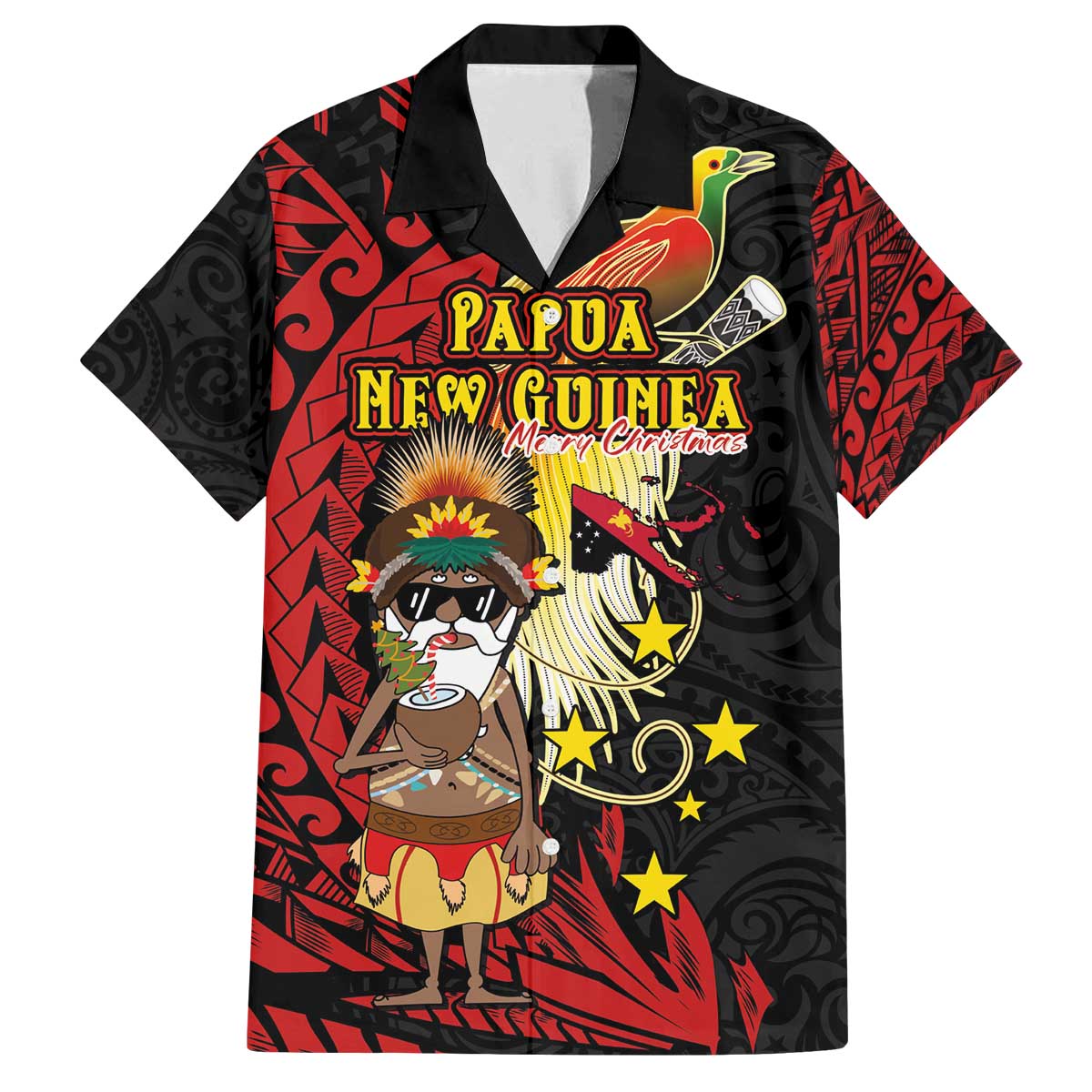 Papua New Guinea Christmas Family Matching Off The Shoulder Long Sleeve Dress and Hawaiian Shirt Funny Melanesian Santa with Bird-of-paradise Tribal Style - Polynesian Pride