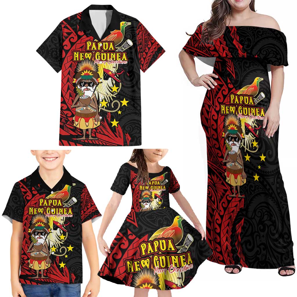 Papua New Guinea Christmas Family Matching Off Shoulder Maxi Dress and Hawaiian Shirt Funny Melanesian Santa with Bird-of-paradise Tribal Style - Polynesian Pride
