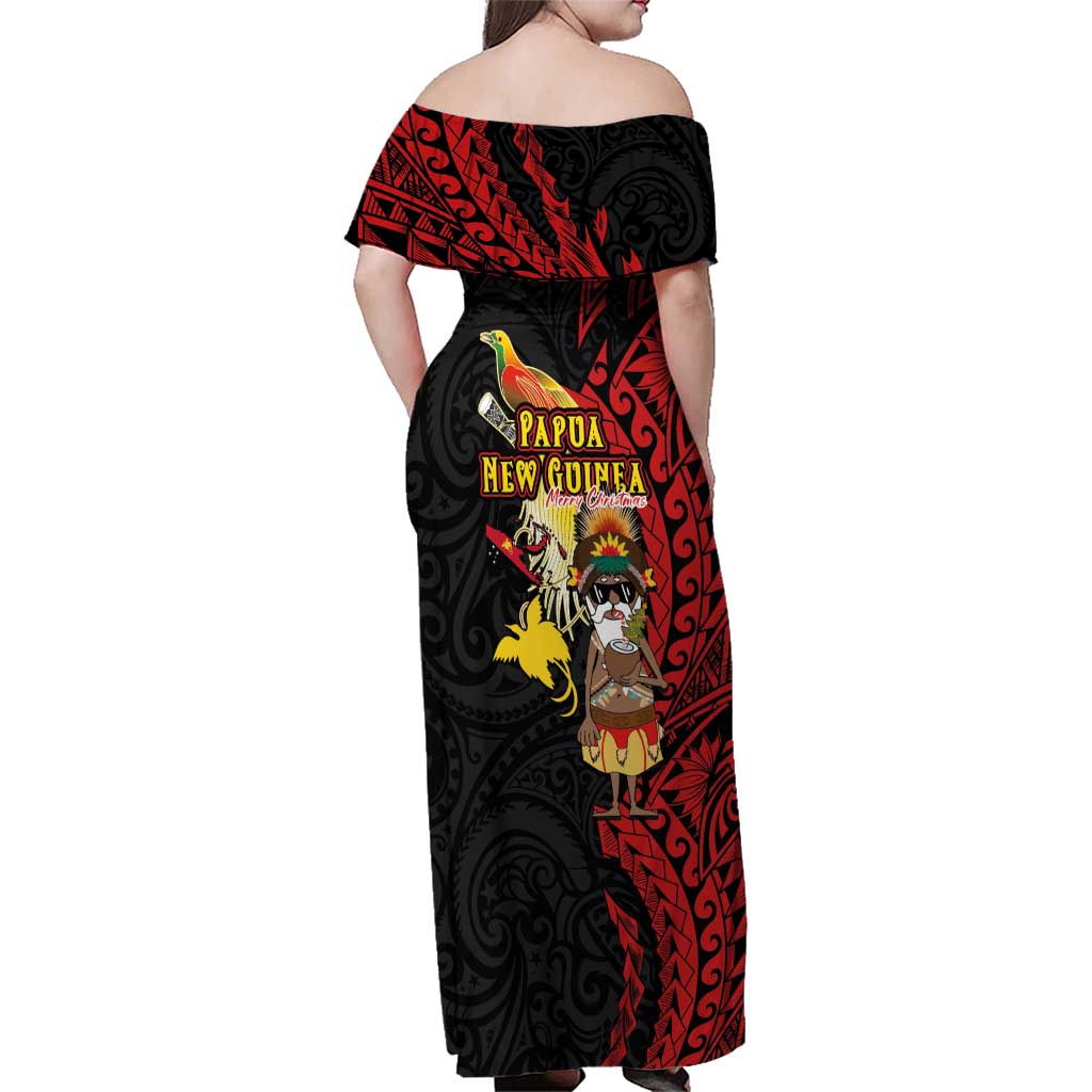 Papua New Guinea Christmas Family Matching Off Shoulder Maxi Dress and Hawaiian Shirt Funny Melanesian Santa with Bird-of-paradise Tribal Style - Polynesian Pride