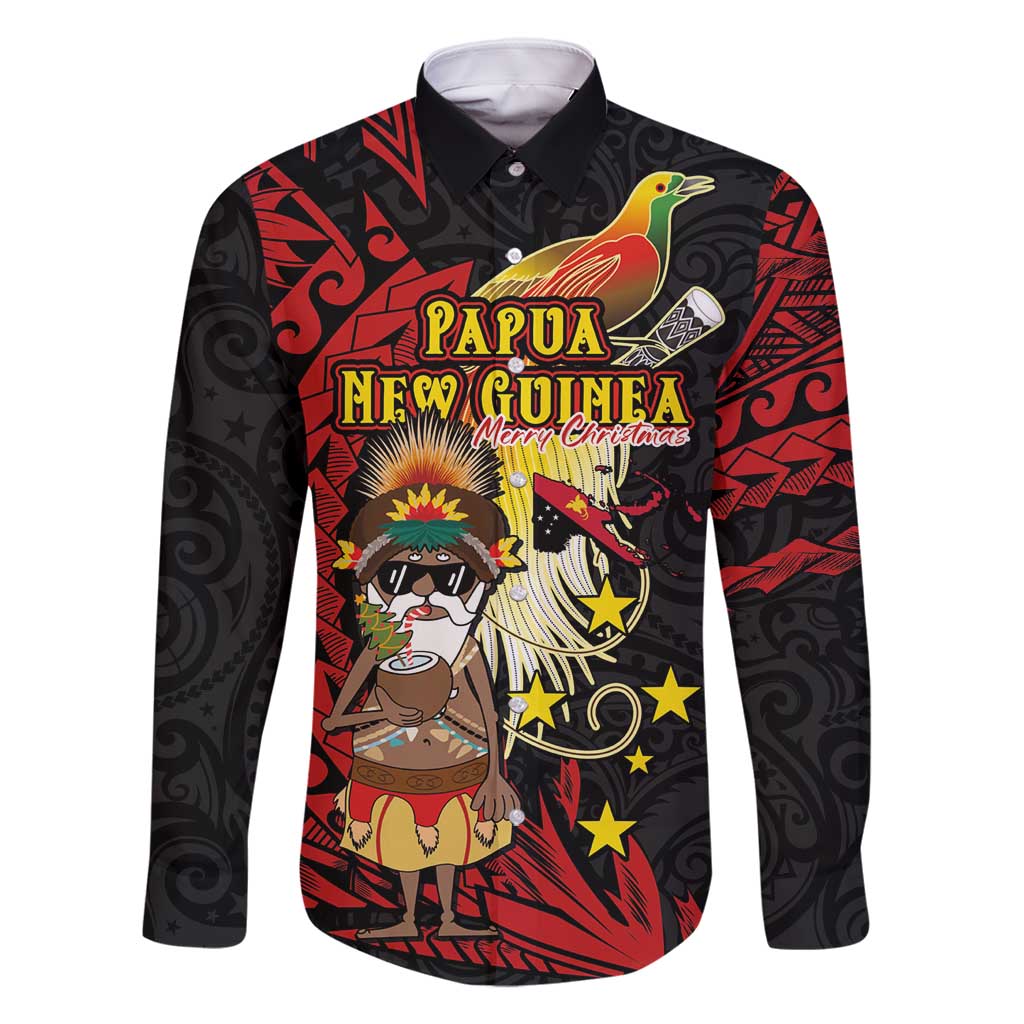 Papua New Guinea Christmas Family Matching Off Shoulder Short Dress and Hawaiian Shirt Funny Melanesian Santa with Bird-of-paradise Tribal Style - Polynesian Pride