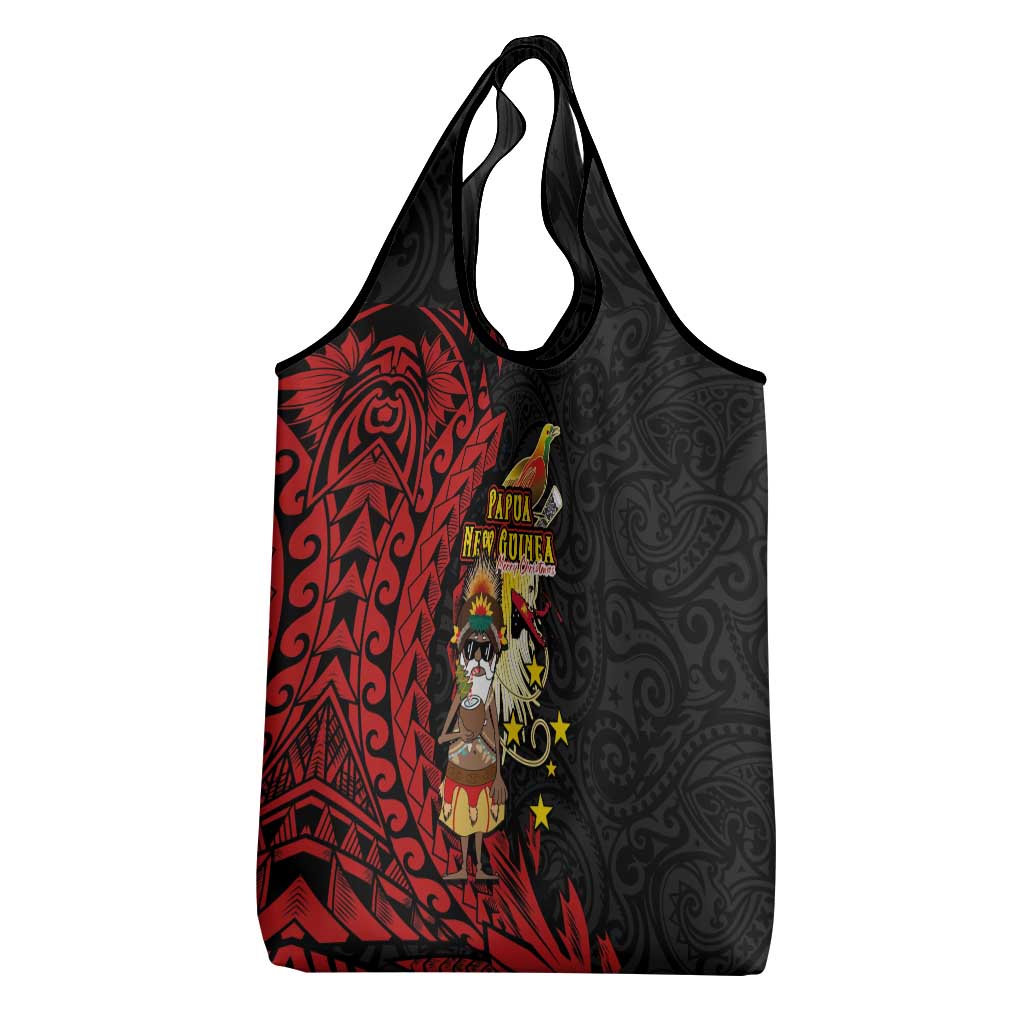 Papua New Guinea Christmas Grocery Bag Funny Melanesian Santa with Bird-of-paradise Tribal Style - Polynesian Pride