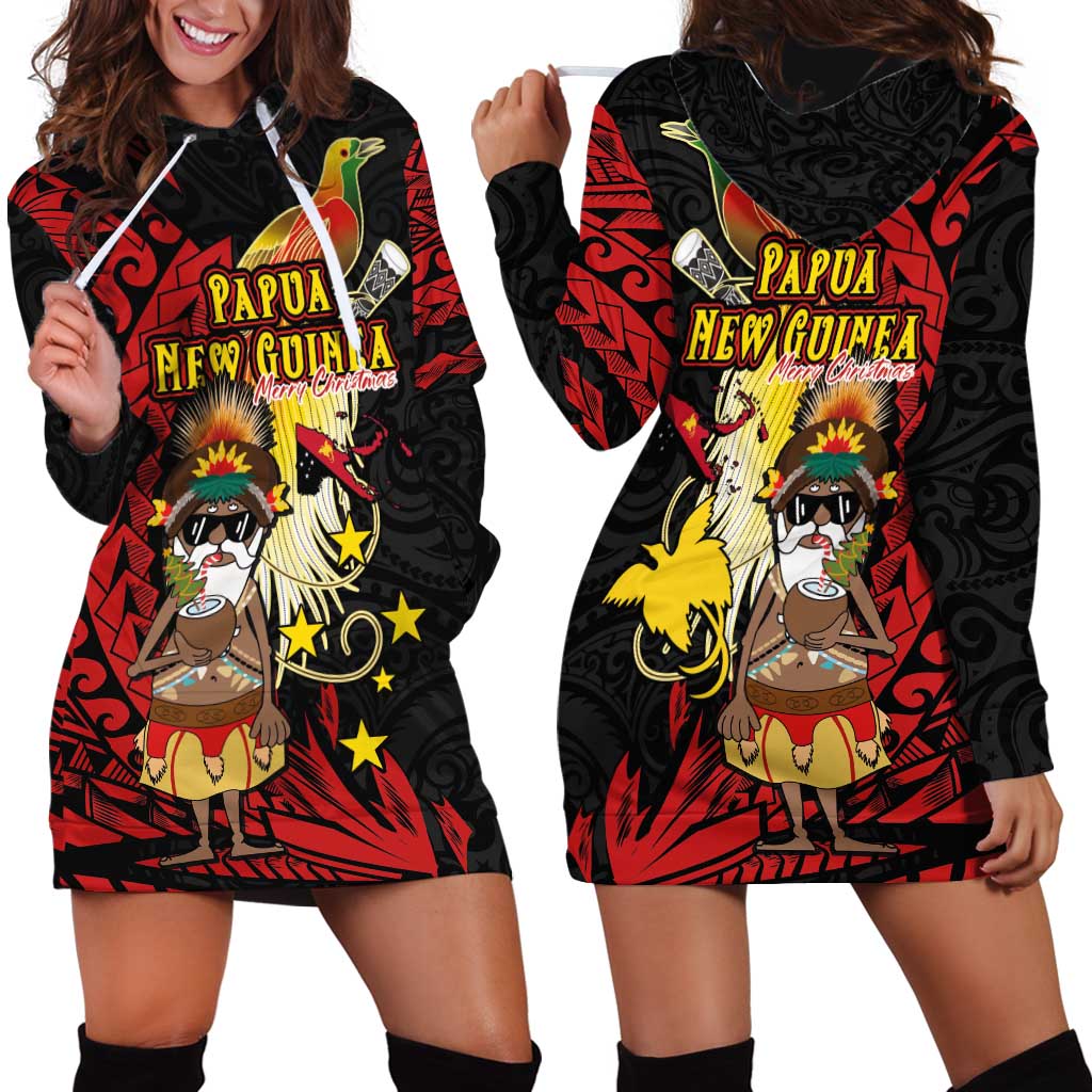 Papua New Guinea Christmas Hoodie Dress Funny Melanesian Santa with Bird-of-paradise Tribal Style - Polynesian Pride
