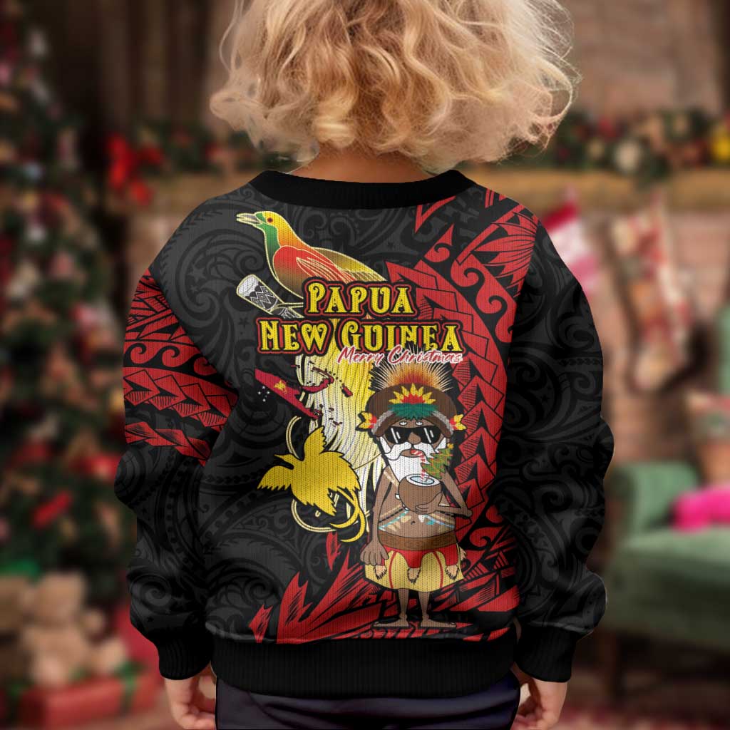 Papua New Guinea Christmas Kid Ugly Christmas Sweater Funny Melanesian Santa with Bird-of-paradise Tribal Style - Polynesian Pride