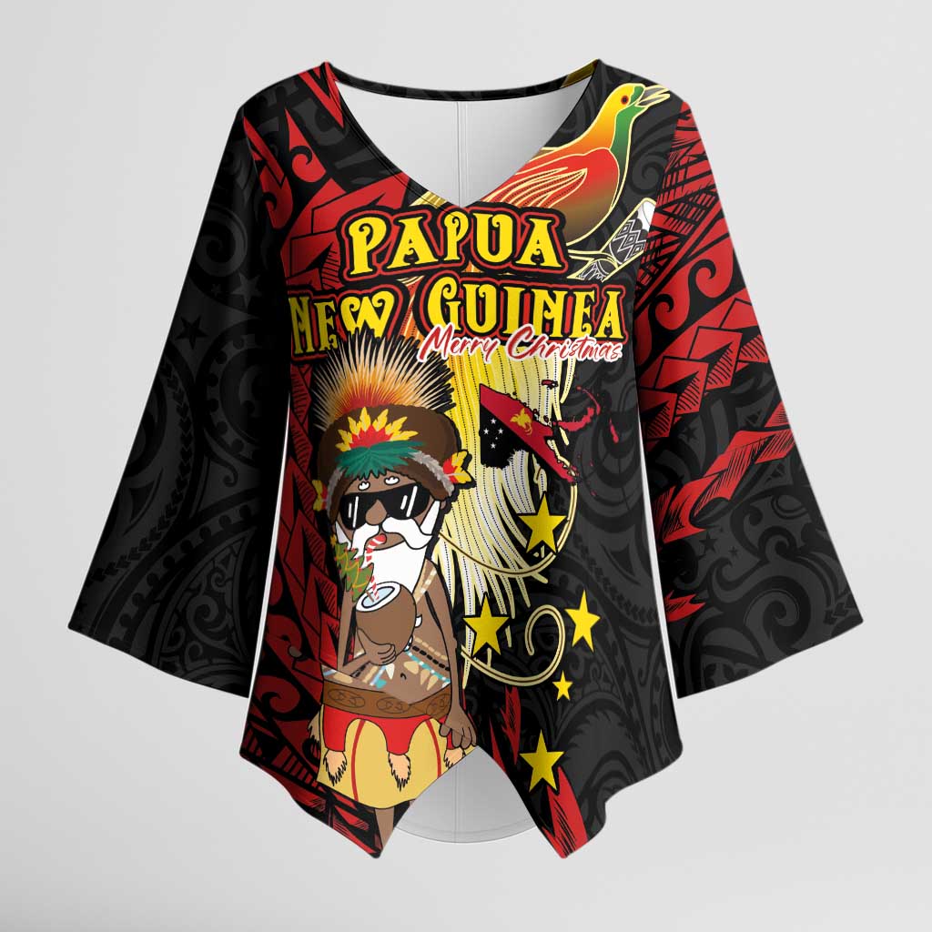 Papua New Guinea Christmas Kimono Sleeve Blouse Funny Melanesian Santa with Bird-of-paradise Tribal Style - Polynesian Pride