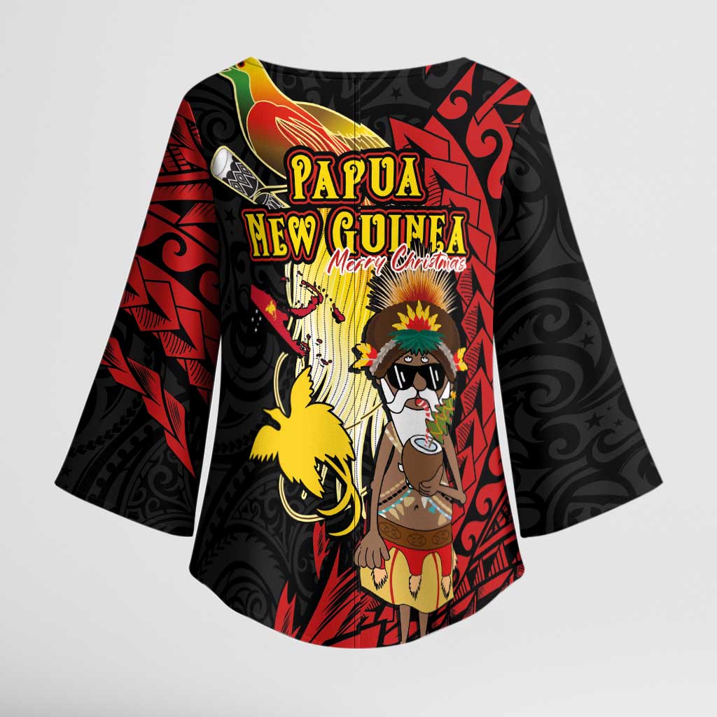 Papua New Guinea Christmas Kimono Sleeve Blouse Funny Melanesian Santa with Bird-of-paradise Tribal Style - Polynesian Pride