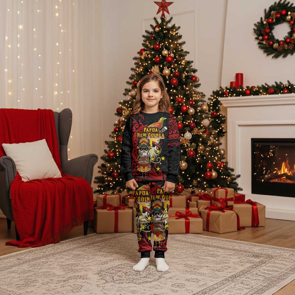 Papua New Guinea Christmas Pajama Set Funny Melanesian Santa with Bird-of-paradise Tribal Style - Polynesian Pride