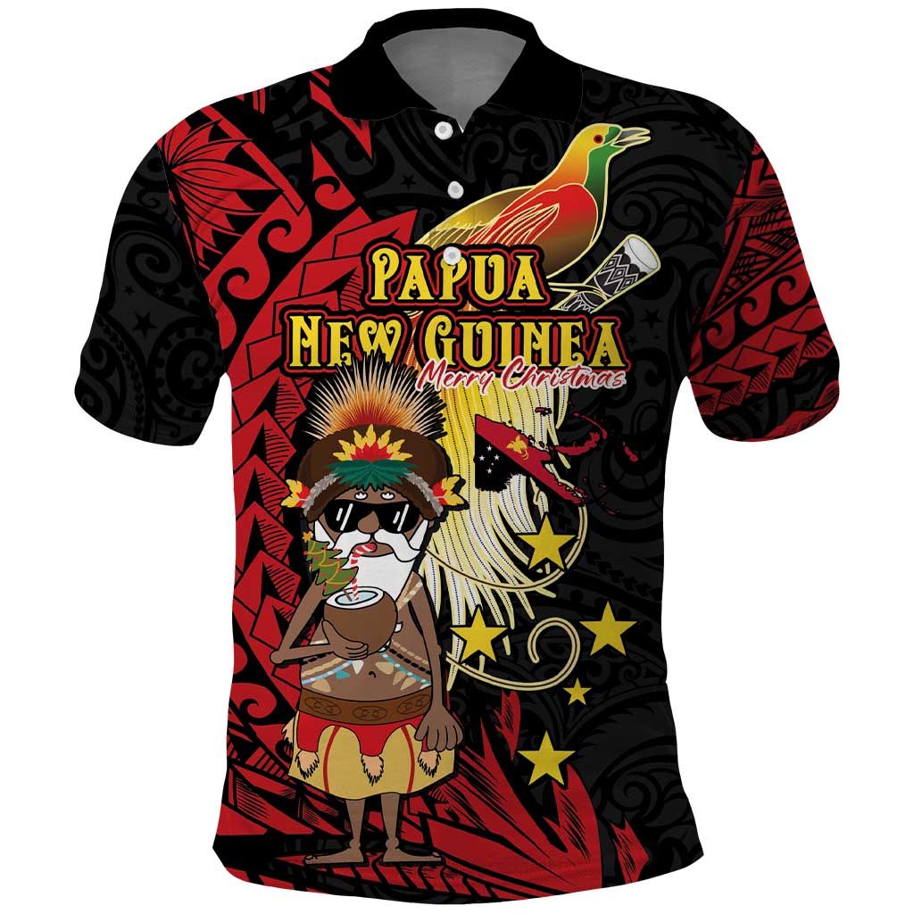 Papua New Guinea Christmas Polo Shirt Funny Melanesian Santa with Bird-of-paradise Tribal Style - Polynesian Pride