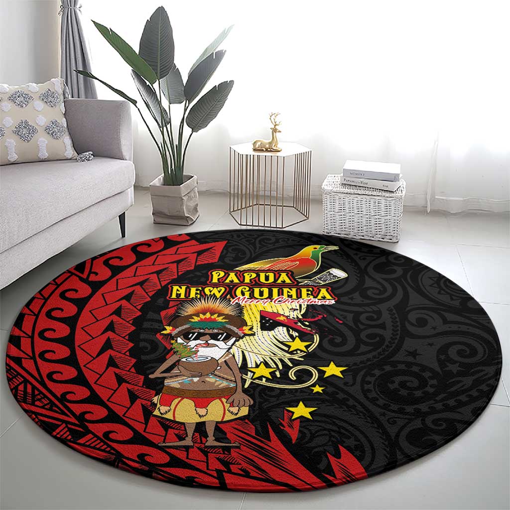 Papua New Guinea Christmas Round Carpet Funny Melanesian Santa with Bird-of-paradise Tribal Style - Polynesian Pride