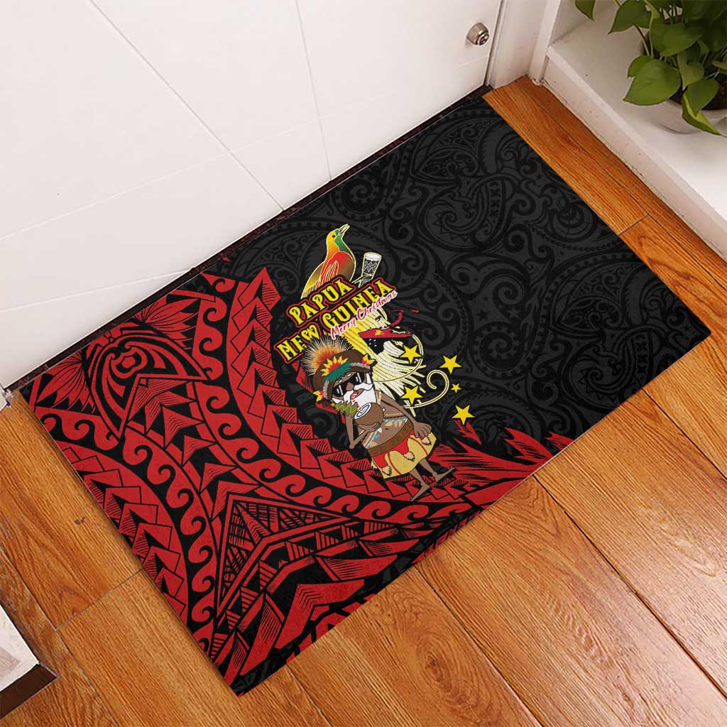 Papua New Guinea Christmas Rubber Doormat Funny Melanesian Santa with Bird-of-paradise Tribal Style - Polynesian Pride