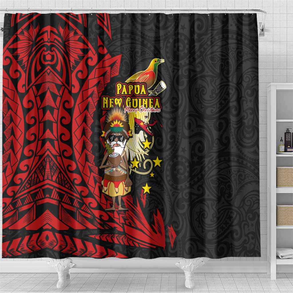 Papua New Guinea Christmas Shower Curtain Funny Melanesian Santa with Bird-of-paradise Tribal Style - Polynesian Pride