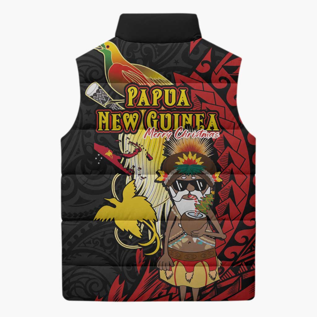 Papua New Guinea Christmas Sleeveless Puffer Jacket Funny Melanesian Santa with Bird-of-paradise Tribal Style - Polynesian Pride