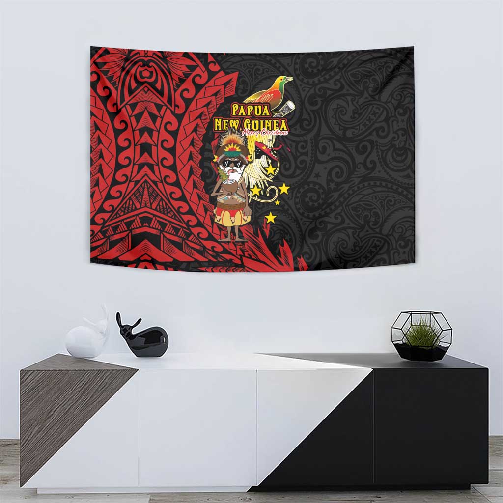 Papua New Guinea Christmas Tapestry Funny Melanesian Santa with Bird-of-paradise Tribal Style - Polynesian Pride