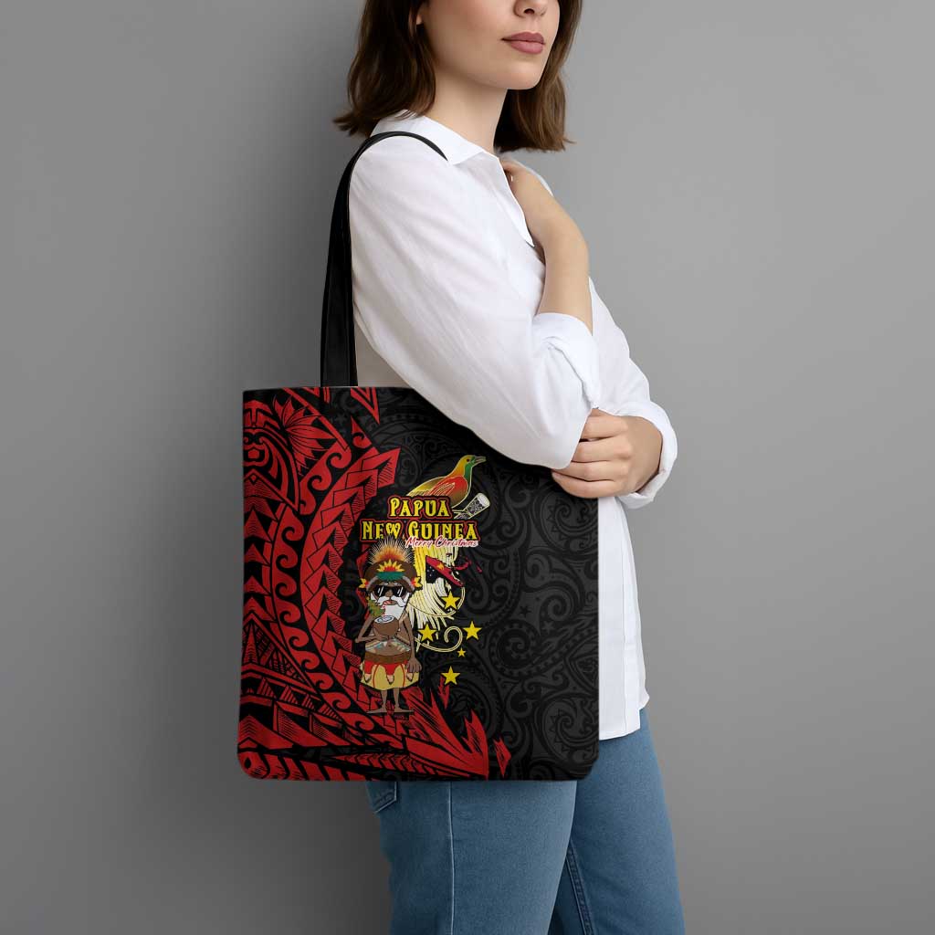 Papua New Guinea Christmas Tote Bag Funny Melanesian Santa with Bird-of-paradise Tribal Style LT03 - Polynesian Pride