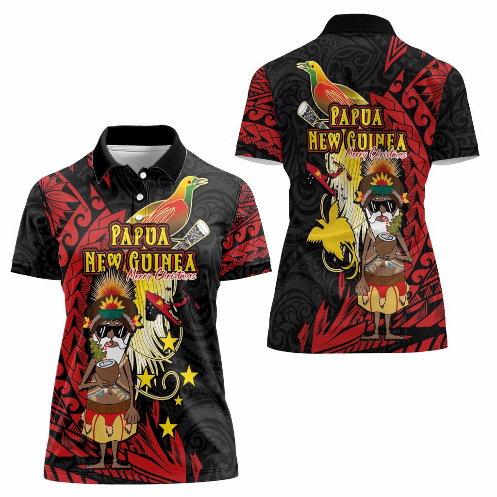 Papua New Guinea Christmas Women Polo Shirt Funny Melanesian Santa with Bird-of-paradise Tribal Style - Polynesian Pride