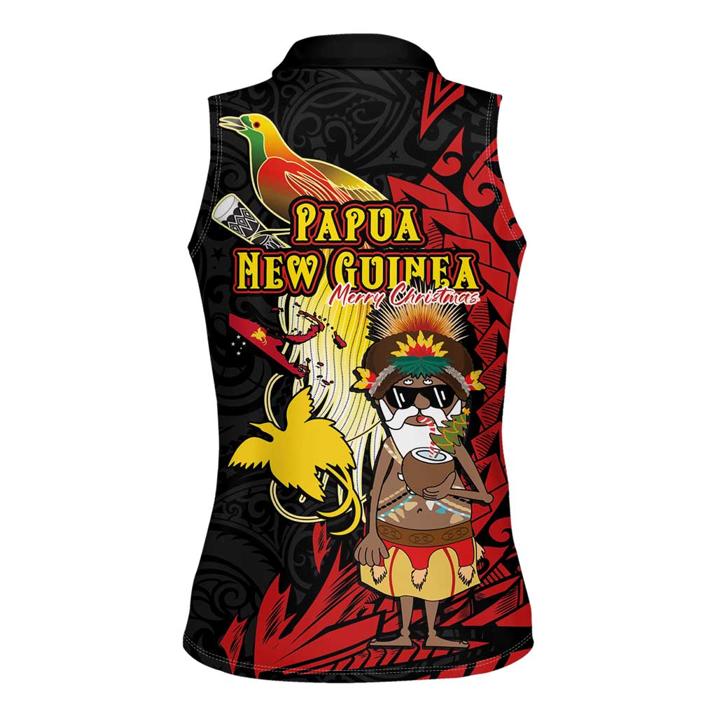 Papua New Guinea Christmas Women Sleeveless Polo Shirt Funny Melanesian Santa with Bird-of-paradise Tribal Style - Polynesian Pride