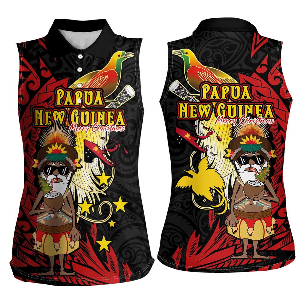 Papua New Guinea Christmas Women Sleeveless Polo Shirt Funny Melanesian Santa with Bird-of-paradise Tribal Style - Polynesian Pride