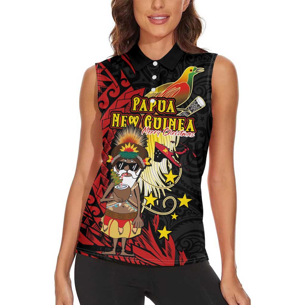 Papua New Guinea Christmas Women Sleeveless Polo Shirt Funny Melanesian Santa with Bird-of-paradise Tribal Style - Polynesian Pride